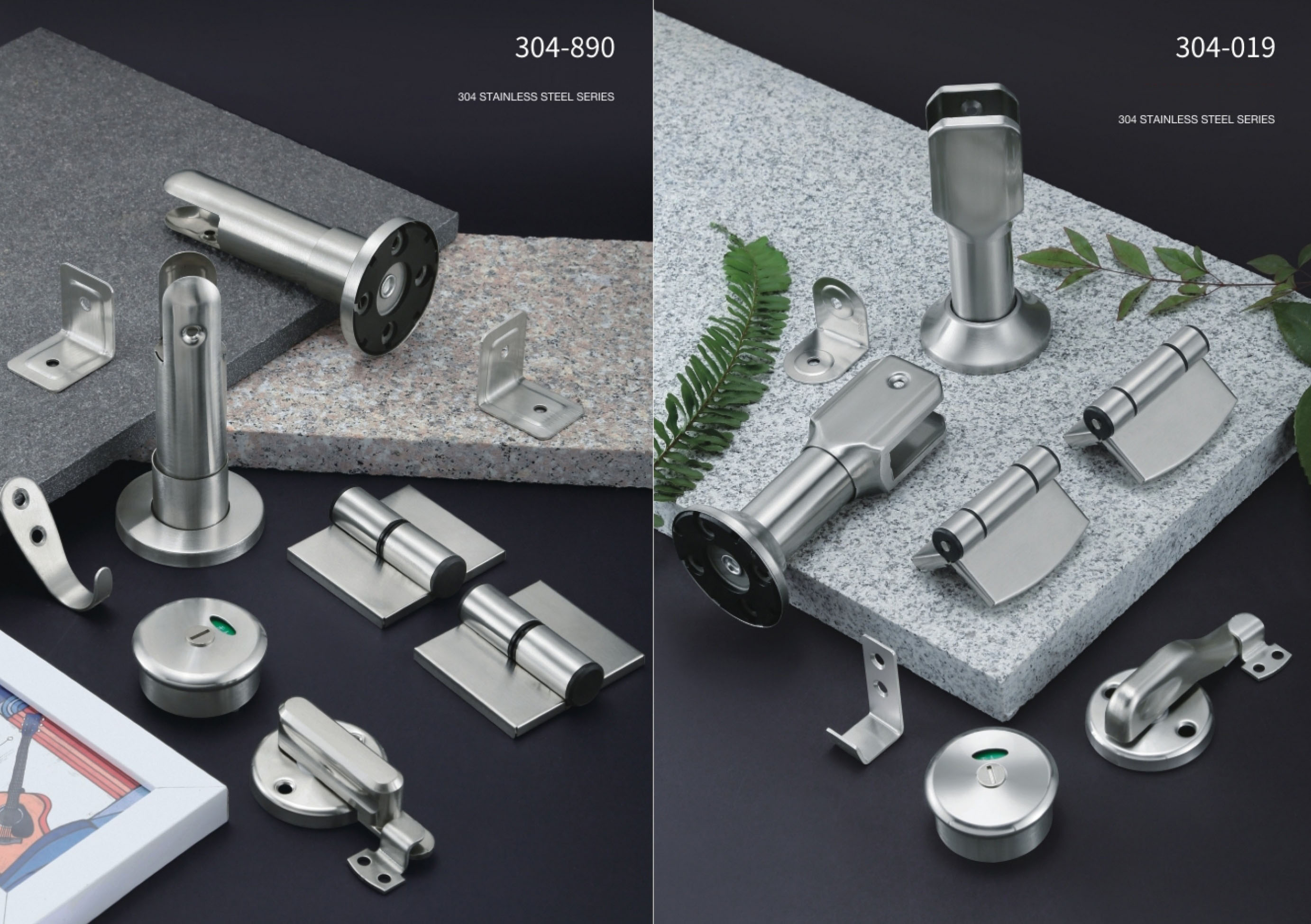 Stainless steel toilet partition hardware system including hinges, locks, support legs and connectors for commercial restroom cubicles